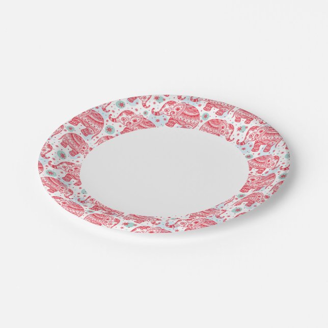 Red Ethnic Elephant Pattern Paper Plates (Angled)