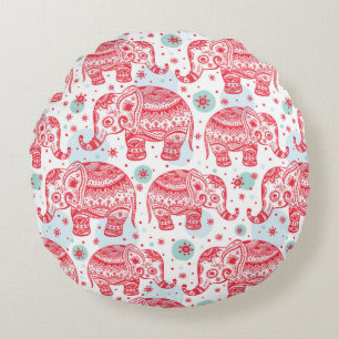 Red Ethnic Elephant Pattern Round Pillow