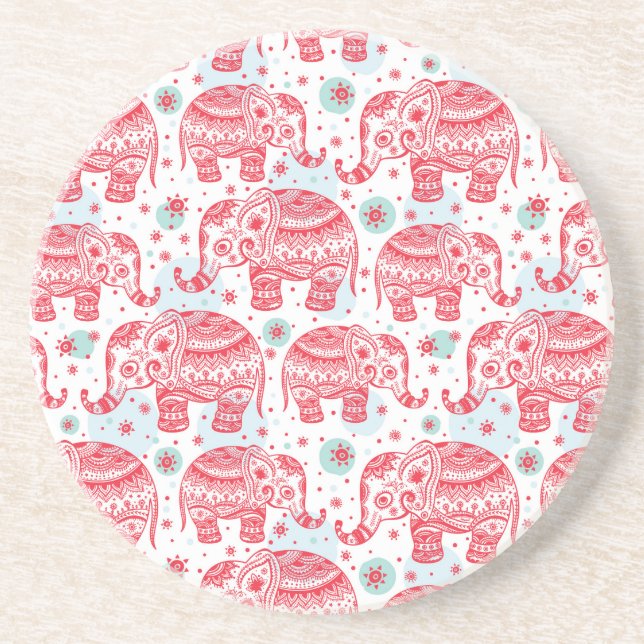 Red Ethnic Elephant Pattern Sandstone Coaster (Front)