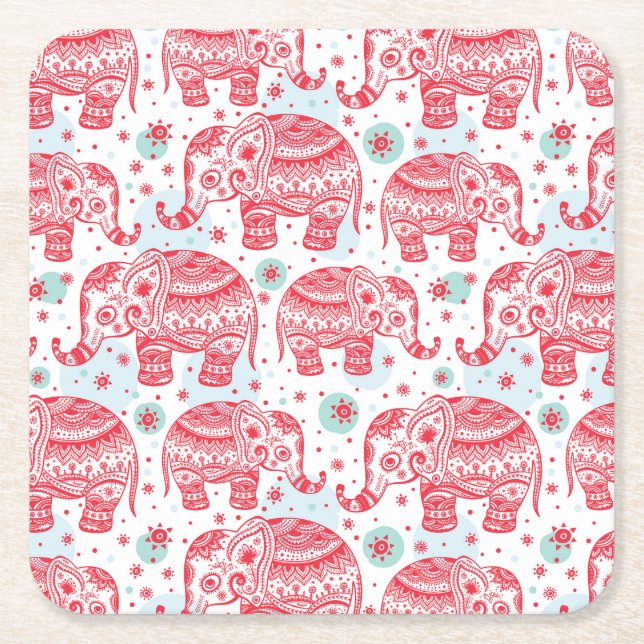 Red Ethnic Elephant Pattern Square Paper Coaster (Front)
