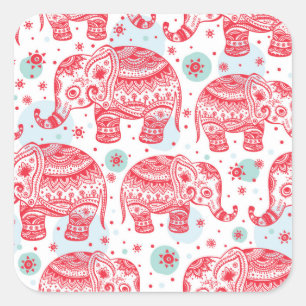 Red Ethnic Elephant Pattern Square Sticker