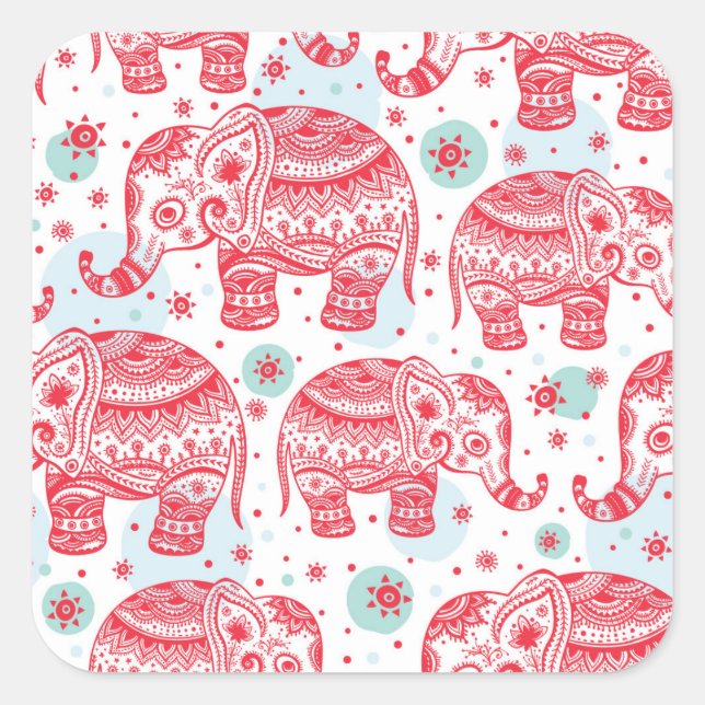 Red Ethnic Elephant Pattern Square Sticker (Front)
