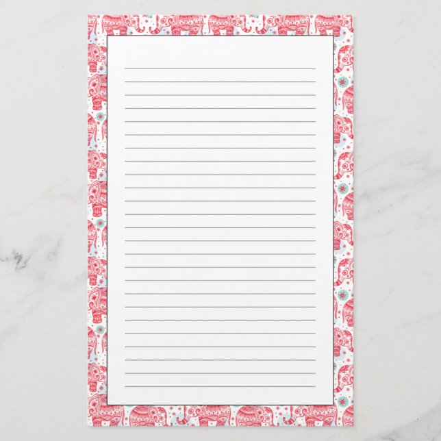 Red Ethnic Elephant Pattern Stationery (Front)