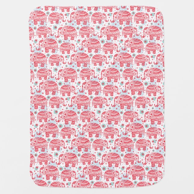 Red Ethnic Elephant Pattern Stroller Blanket (Front)