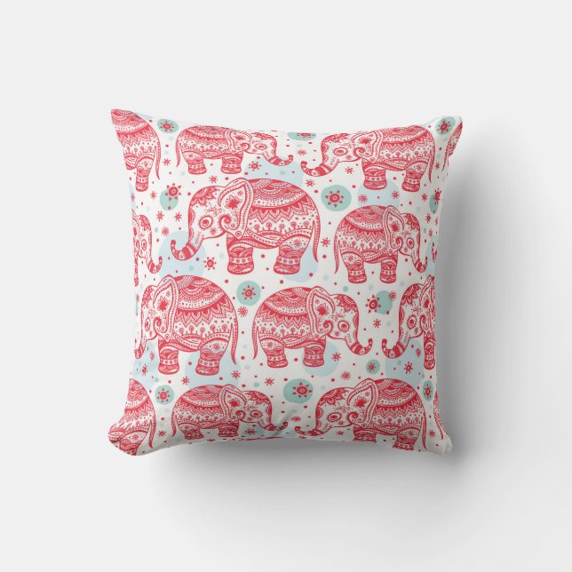 Red Ethnic Elephant Pattern Throw Pillow (Front)