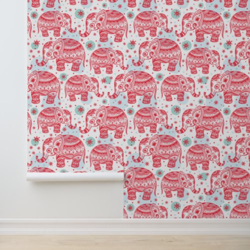 Red Ethnic Elephant Pattern Wallpaper