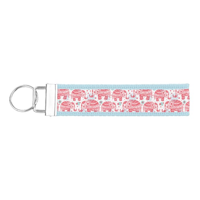 Red Ethnic Elephant Pattern Wrist Keychain (Keys on Left)