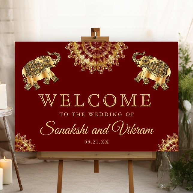 Red Ethnic Elephants Indian Wedding Welcome Sign (Creator Uploaded)