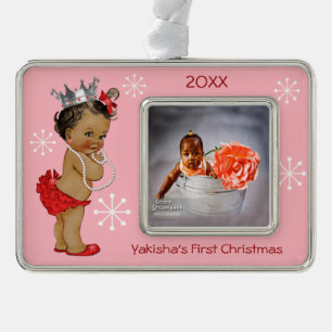 Red Ethnic Princess Baby First Christmas Photo Silver Plated Framed Ornament