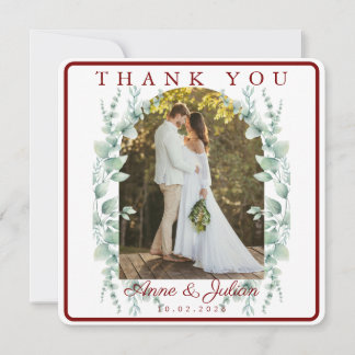 Red Eucalypthus leaves Wedding With 2 photos Thank You Card
