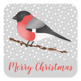 Red Eurasian Bullfinch Bird Gray Winter Christmas Square Sticker