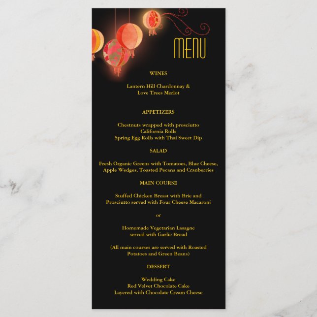 Red Evening Garden Lanterns Black Wedding Menu (Front)