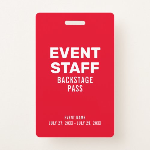 Red Event Staff Backstage Pass ID Badge