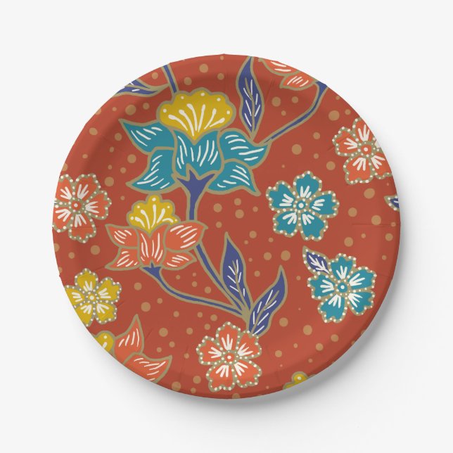 Red exotic Indonesian floral batik pattern Paper Plates (Front)