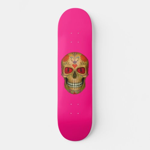 Red Eyed Sugar Skull Zombie Hot Pink Skateboard