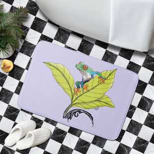 Red Eyed tree Frog Green Leaves Lavender Bath Mat