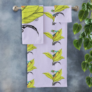 Red Eyed Tree Frog Green Leaves Lavender Bath Towel Set