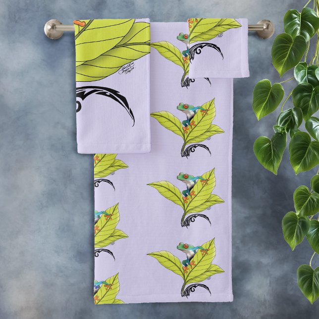 Red Eyed Tree Frog Green Leaves Lavender Bath Towel Set (Creator Uploaded)