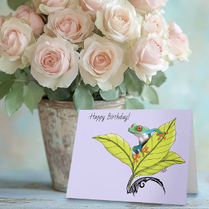 Red Eyed Tree Frog Green Leaves Lavender Card