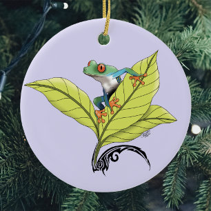 Red Eyed Tree Frog Green Leaves Lavender Ceramic Ornament
