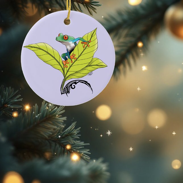 Red Eyed Tree Frog Green Leaves Lavender Ceramic Ornament (Creator Uploaded)