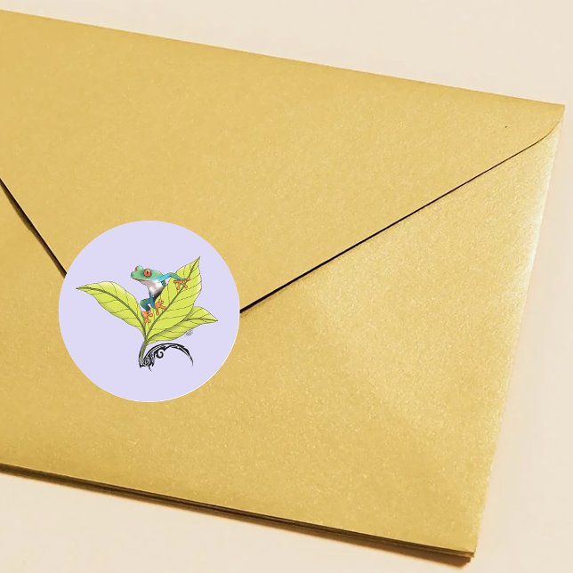 Red Eyed Tree Frog Green Leaves Lavender  Classic Round Sticker (Creator Uploaded)