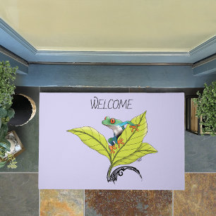 Red Eyed Tree Frog Green Leaves Lavender Doormat