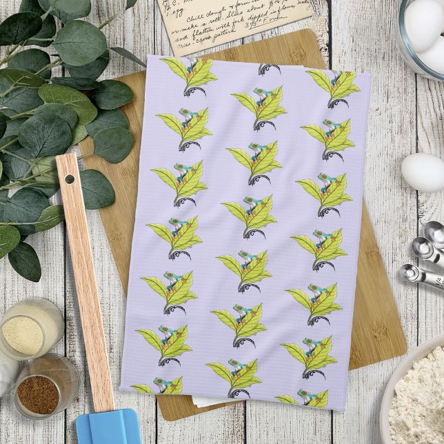 Red Eyed Tree Frog Green Leaves Lavender Kitchen Towel (Creator Uploaded)