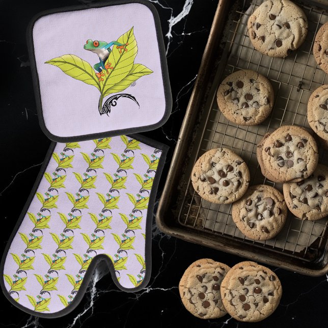 Red Eyed Tree Frog Green Leaves Lavender  Oven Mitt & Pot Holder Set (Creator Uploaded)