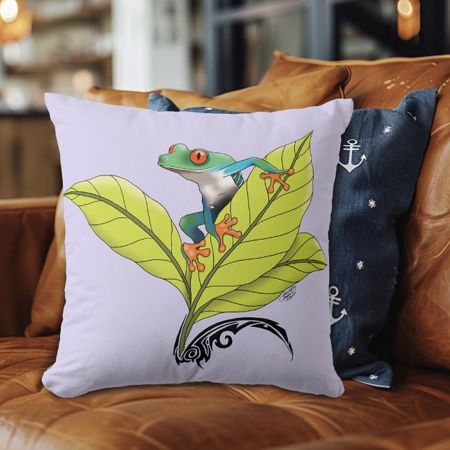 Red Eyed Tree Frog Green Leaves Lavender  Throw Pillow (Creator Uploaded)