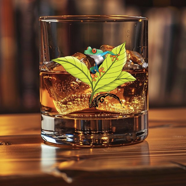 Red Eyed Tree Frog Green Leaves Lavender Whiskey Glass (Creator Uploaded)