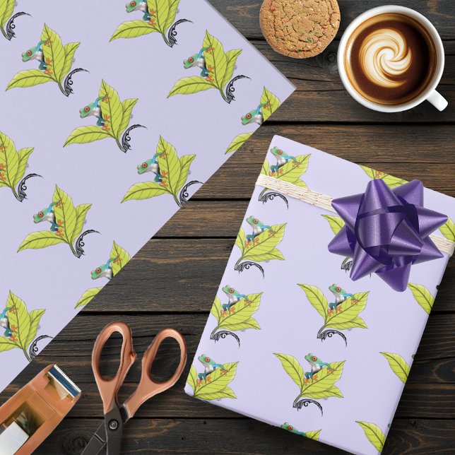Red Eyed Tree Frog Green Leaves Lavender Wrapping Paper (Creator Uploaded)