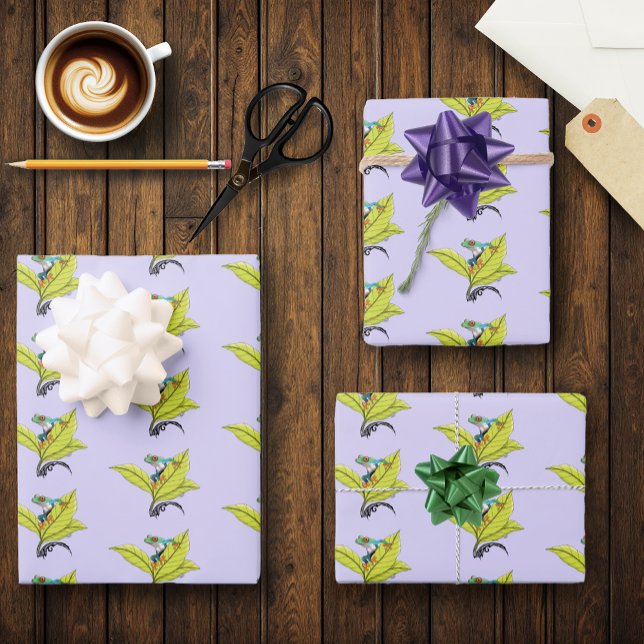 Red Eyed Tree Frog Green Leaves Lavender  Wrapping Paper Sheets (Creator Uploaded)