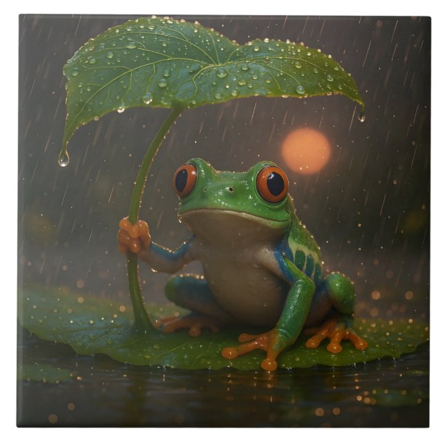 Red Eyed Tree Frog Leaf Umbrella in Rain Ceramic Tile (Front)
