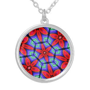 Red Fabrics Flowers Pattern Silver Plated Necklace