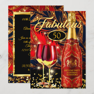 Red Fabulous Birthday Party Gold Champagne Glasses Invitation
