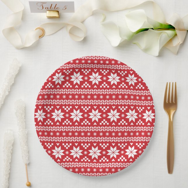Red Fair Isle Christmas Sweater Pattern Paper Plates (Wedding)
