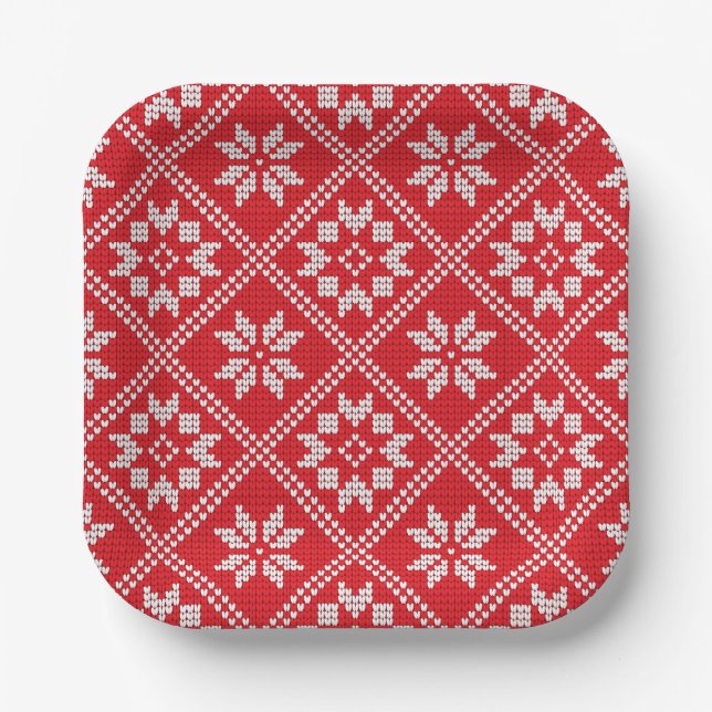 Red Fair Isle Sweater Knit Pattern Christmas Paper Plates (Front)