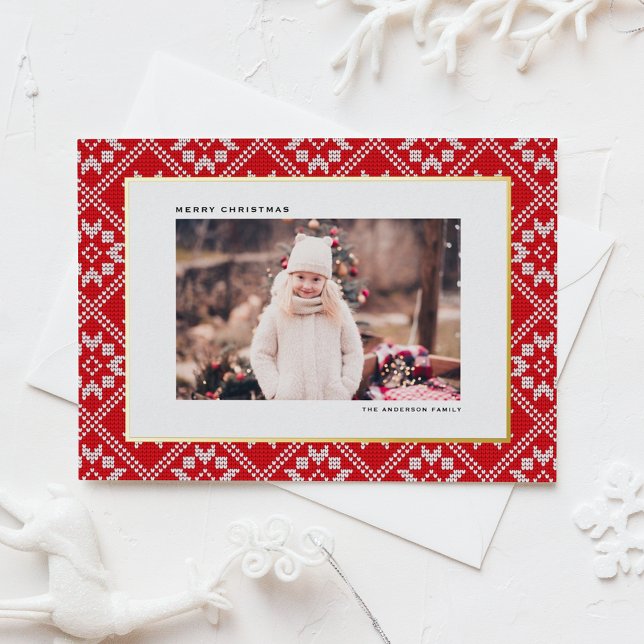 Red Fair Isle Winter Knit Pattern Photo Christmas Foil Holiday Postcard (Red Fair Isle Winter Knit Pattern Photo Christmas Foil Holiday Postcard)