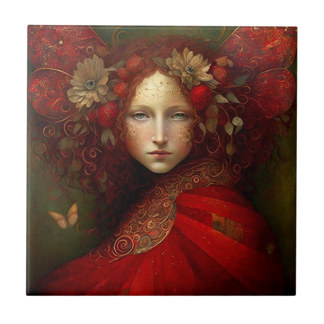 Red Fairy Fantasy Art Ceramic Tile (Front)