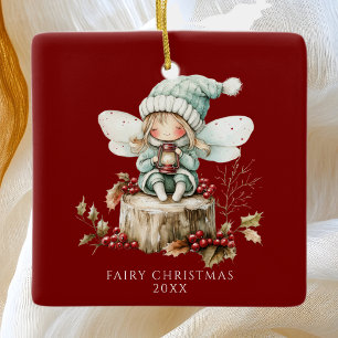Red Fairy Merry Christmas  Ceramic Ornament
