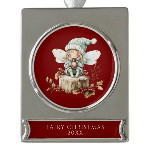 Red Fairy Merry Christmas  Silver Plated Banner Ornament