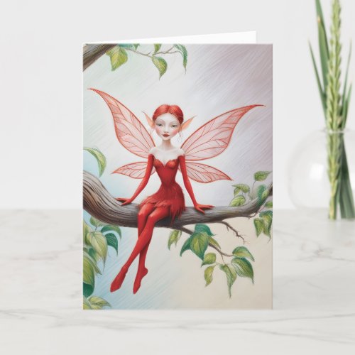 Red Fairy on a Limb Happy Birthday Card