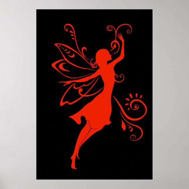 Red Fairy Silhouette Elegant Winged Fantasy Poster (Front)