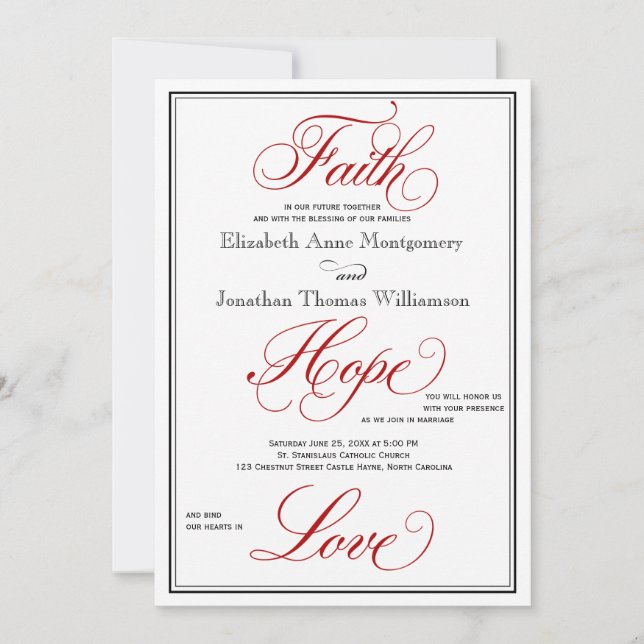 Red Faith Hope Love Calligraphy Wedding Invitation (Front)