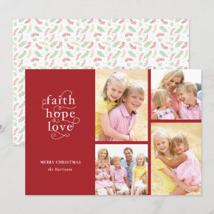 Red Faith Hope Love Typography 4-Photo Christmas Holiday Card