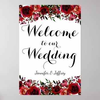 Red Fall Autumn Floral Wedding Welcome Sign by My_Wedding_Bliss at Zazzle