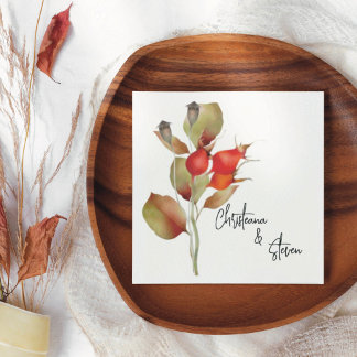 Red Fall Berries and Leaves Watercolor Napkins