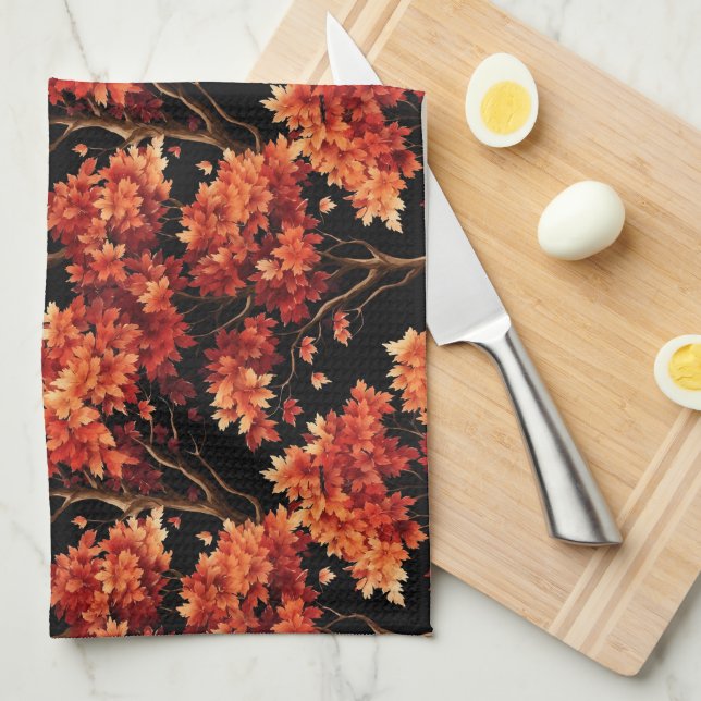 Red Fall Maple Tree Seamless Pattern Graphic Kitchen Towel (Quarter Fold)