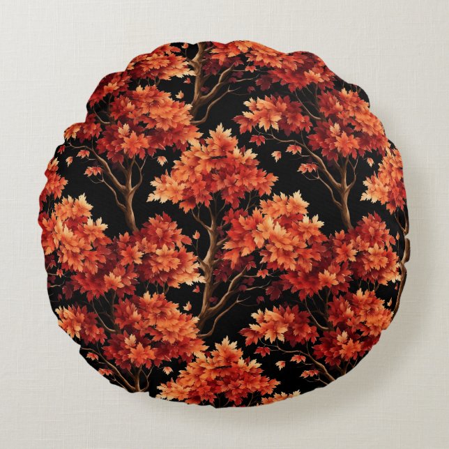 Red Fall Maple Tree Seamless Pattern Graphic Round Pillow (Front)